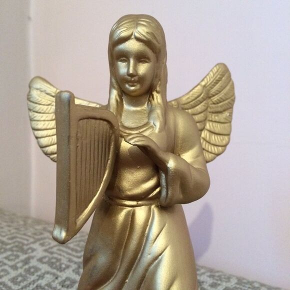 NWT NIB Golden Ceramic Christmas Angel w/Harp - Picture 5 of 8